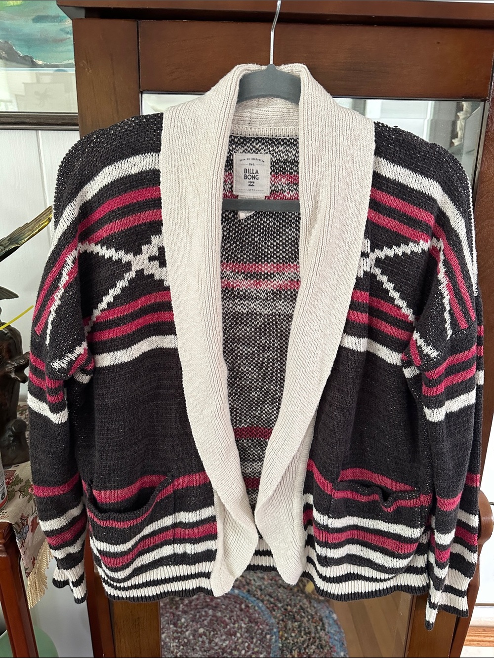 Must have Billabong Black, Pink & Cream Striped Open-Front Cardigan
